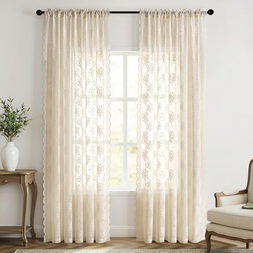 Image of MIULEE Vintage Floral Scalloped Lace Curtains 2 Panels, Cream 52 inch W x 84 inch L | Victorian Decorative Design, Semi Sheer Curtains, Light Filtering Rod Pocket Panels Decor for Bedroom Living Room