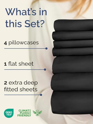 Image of Extra Deep Split King Sheet Set - 7 Piece Breathable Cooling Sheets - Black | Hotel Luxury Bed Sheets Set, Easy & Secure Fit, Ultra-Soft, Wrinkle & Fade Free, Comfy Sheets Set with Extra Deep Pockets