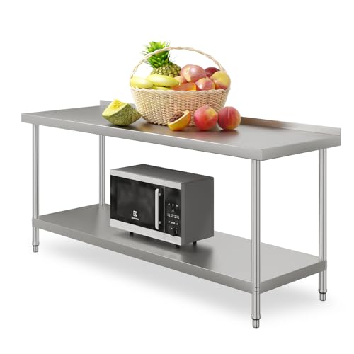 Image of DKIEI Stainless Steel Kitchen Catering Table, 180 x 60 x 80cm Heavy Duty Food Prep Workbench with Double Shelf & 3.5CM Worktop Backsplash, Commercial Food Preparation Work Tables for Restaurant Home
