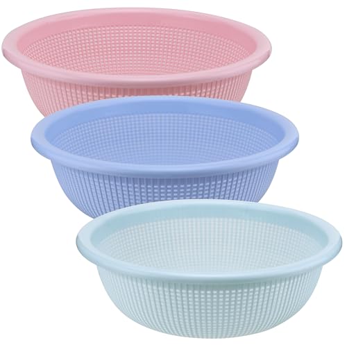 EIKS 3-Pack Plastic Colander Baskets with Fine Mesh Sieve for Rinsing, Draining, and Air-Drying Fruits, Vegetables, and Grains
