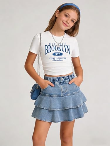 Cakaner Girls Back-to-School Outfit Short Sleeve Letter Print T-Shirt and Ruffle Tiered Denim Skirt Set Size 7 8