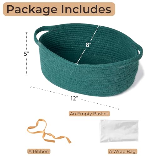 Image of Small Woven Gift Basket Empty with Bag & Ribbon - Gifts for Mom, Baby Shower, Birthdays & Raffle - Cotton Rope Storage Basket for Dog Toys or Shelf - 12 inchx8 inchx5 inch, Green