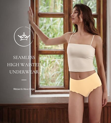 Image of SHARICCA Seamless High Waisted Underwear for Women Cheeky Underwear Wave Edge No Show Bikini Panties Ribbed Panties Pack