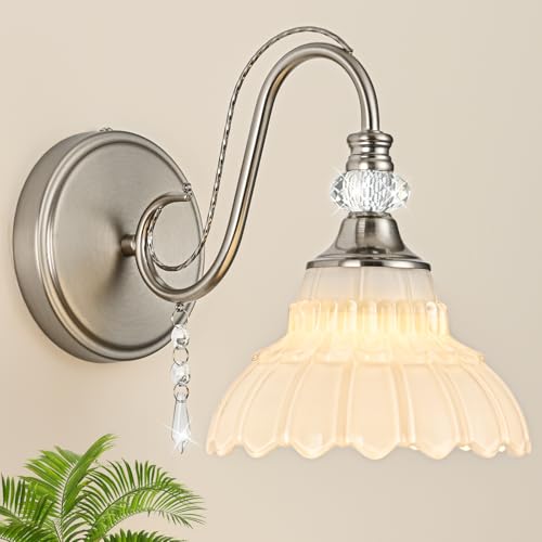 Image of 1 Piece Brushed Nickel Finish Wall Sconce, 1-Light Modern Wall Sconce with Hanging Crystal Accents and Flower-Shaped White Shades for Bathroom Bedroom Living Room,Modern Vanity Light