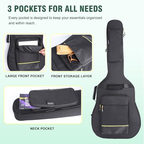 PPOPPO 40/41/42 Inch Acoustic Guitar Bag, 0.35” Thick Padding, 600D Waterproof Nylon, 3 Pockets, Soft Classical Guitar Backpack Travel Case Gig Bag with Neck Fixed Strap & Back Hanger Loop, Black