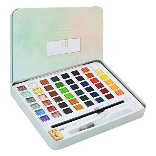 LAOYE - Conjunto de aquarelas (48 cores de aquarela) - 36 cores de aquarela, 12 cores metálicas com brilho, pincel para tanque de água, lápis, estojo de aquarelas para iniciantes e profissionais