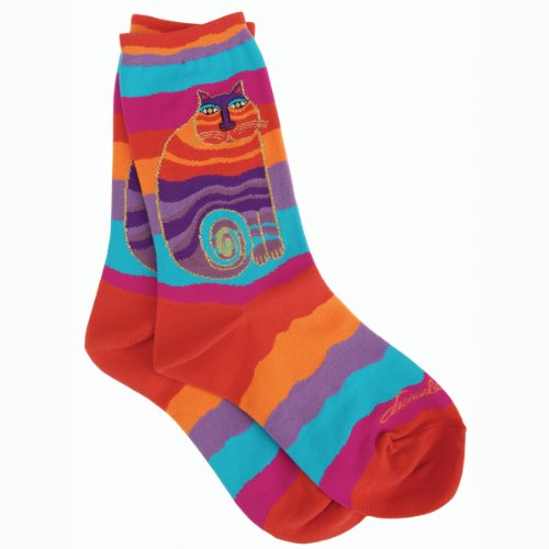 Laurel Burch Women's Wavy Stripe Rainbow Cat Sock, Multi, 9-11