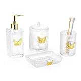 Lewondr Juego de 4 Accesorios para Baño, Set para Baño de Cristal con Adorno de Mariposa Exquisita con Dispensador de Loción, Jabonera, Vaso, Caja de Hisopos de Algodón para Hogar Hotel Resorts, Claro