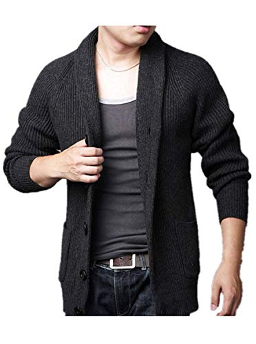 GEEK LIGHTING Mens Casual Slim Full Zip Thick Knitted Cardigan Sweaters with Real Pockets (B-Dark Grey, Large)