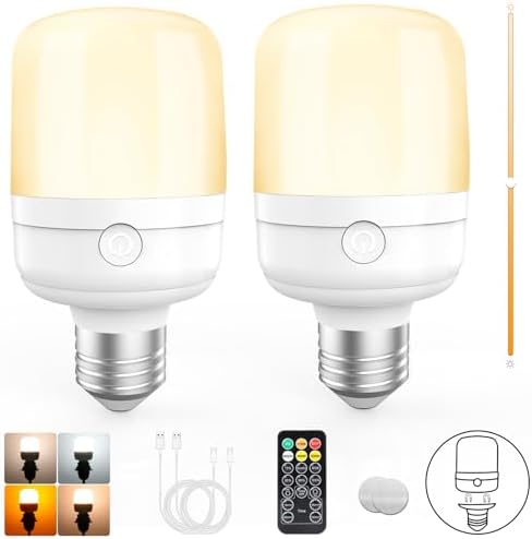 2 Packs E27 LED Bulb Rechargeable, Battery Operated Light Bulb with Remote Control, Wireless Charging Battery Bulb with 4 Timer, Magnetic Dimmable Cordless Light Bulb for Wall Sconce, Non-Hardwired