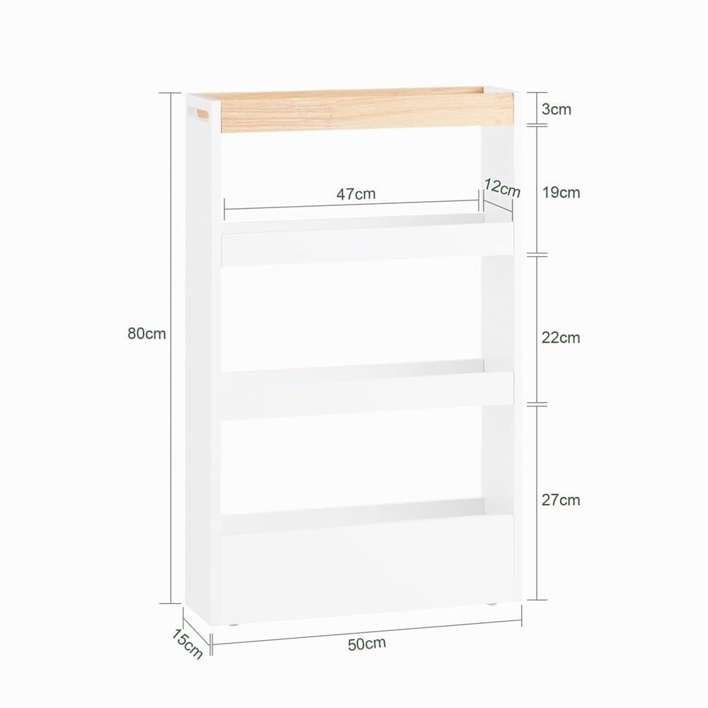SoBuy Carrello Cucina Salvaspazio con Ruote 15cm Larghezza – Mobiletto Cucina Stretto con 3 Ripiani, Scaffale Cucina e Portaoggetti per Bagno o Ufficio, Bianco ed Effetto Legno 80x15x50cm NSR12-W