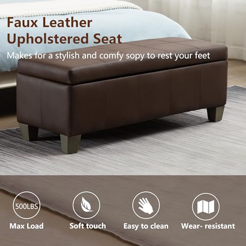 Image of 41 inch Storage Ottoman, Storage Bench with Safety Hinge, Upholstered Synthetic Leather Ottoman Bench for Bedroom, Living Room, Entryway, Hallway, Foot Rest, Support 500lbs, Brown