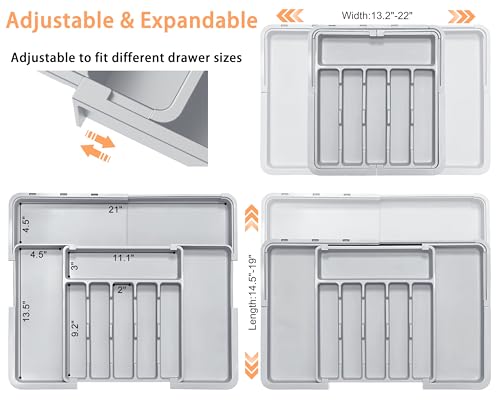 Silverware Organizer Expandable Kitchen Drawer Organizer Adjustable 22"x 19" Utensil Organizer with Rubber Feets Cutlery Drawer Organizer for Spoons Forks Knives Kitchen Organizers and Storage Grey