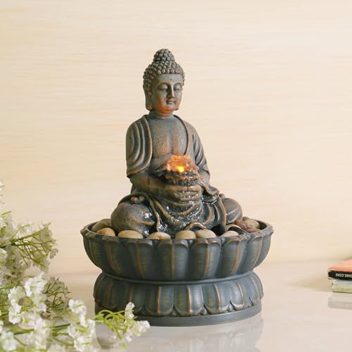 Kalona K21125A Home Décor 9.6 Inch Tabletop Fountain Exquisite Smile Sitting Buddha Fountains Desk Water Fountain Decorative Zen Fountain W/Reflective Lighting/Cobblestone Office And Home Decor thumb #3