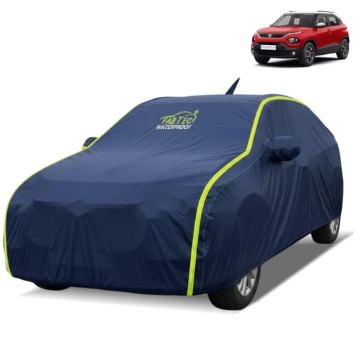 Image of FABTEC Waterproof Car Body Cover for Tata Punch Outdoor /Indoor All Weather Protection with Mirror Pocket Triple Stitched (Premium Navy Blue with Neon Piping)