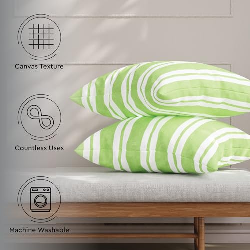 Image of Encasa XO Farmhouse Throw Pillow Covers Set of 2 (20x20 in) Franca Lime Stripes | Decorative Cushion Covers No Inserts | Plaid and Stripes Pillow Covers for Living Room, Couch