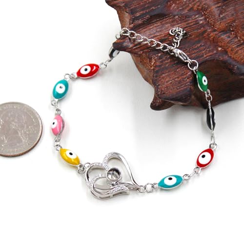 Image of 100 Languages I Love You Projection Heart Charm Evil Eye Chain Bracelet Adjustable Good Luck Jewelry Valentine's Day Anniversary Birthday Protection Gift for Women Mom Wife