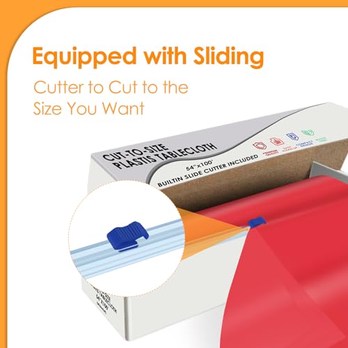 Image of tujol Red Disposable Plastic Table Cloth Roll 54 inch X 100', Plastic Table Cover with Cutter Box, Cut to Size Disposable Tablecloth for Parties