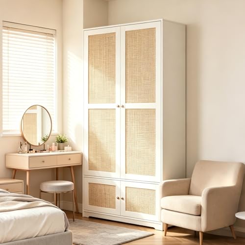 luckdect Armoire de Chambre,Armoire en Rotin,Garde-Robe Penderie Meuble Rangement 4 Portes,3 Étagères,Tringle à VêTements,Placard Vestiaire Chambre Entrée...