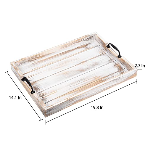 Rustic Vintage Big Wood Food Breakfast Serving Trays With Cutout Metal Handles(20 Inches) Large Nesting Board Decorative Serving Trays Platter In Bed, Ottoman, Coffee Table, Bbq, Party(Washed White #TOP1