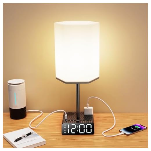 BTU Table Lamp with USB Ports and AC Power Outlets, Bedside Lamp with Alarm Clock Base and Speaker, 6Ft Extension Cord, Hexagonal Cylinder Lampshade Modern Nightstand Lamps for Bedrooms Living Room