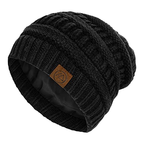 Beanies Women Satin Lined Beanie Winter Hats for Women Silk Lined Slouchy Beanie for Winter Warm Knit Cuffed Beanie Hat Black