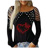 Valentinstag Oberteil Damen Elegant Schulterfrei Bluse V-Ausschnitt Glitzer Paillette Langarmshirts Sexy Aushöhlen T-Shirt Off Shoulder Tunika Tops für Frühling
