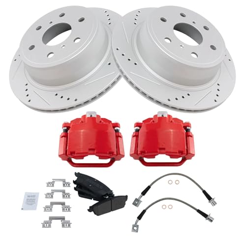 Image of TRQ Performance Rear Brake Pad and Rotor Set Semi Metallic Coated Rotors Calipers Compatible with 2007-2014 Cadillac Escalade Suburban 1500 Tahoe GMC Yukon 2007-2013 Yukon XL 1500 Chevrolet Avalanche