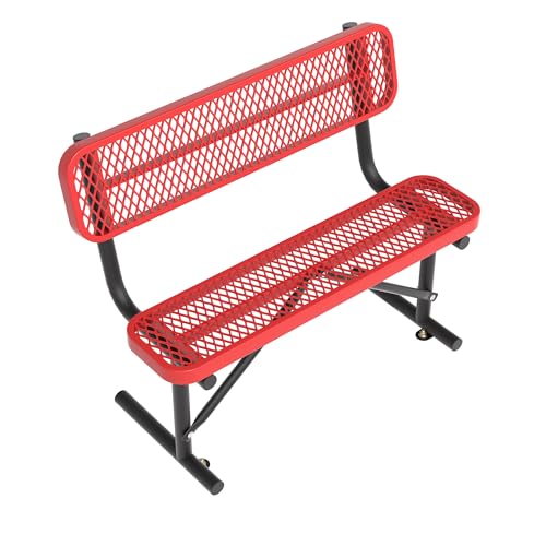 Image of 4ft Metal Park Bench with Back, Red Heavy-Duty Steel Outdoor Bench Dock Bench Weatherproof Long Bench Seats, Commercial Garden Benches for Lawn, Park, Deck, Garden, Patio, Porch, Easy Installation