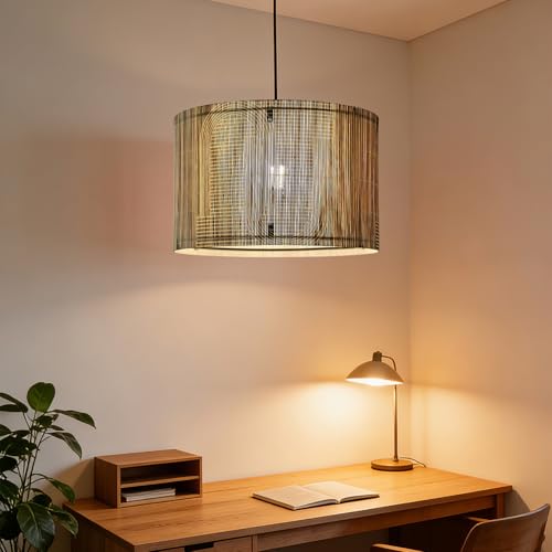 Image of Pendant Lamp Shade, Translucent Bamboo Made, 13.8x9 Inch, Modern Minimalist Style for Living Room, Bedroom (Green Pattern A)