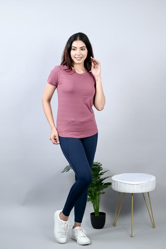 Image of Mlada Luxury Athleisure T Shirt Polyester Stretch Knit T-Shirt Full Length Moisture Wicking, Breathability, Compression for Gym, Workout and On-The-Move for Women