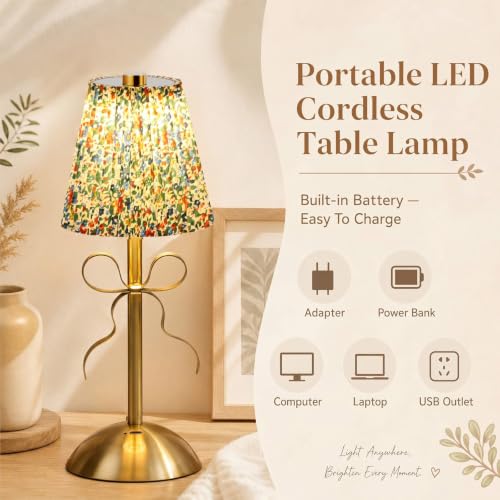 Image of Liliful 2 Pcs Cordless Table Lamp Rechargeable Touch LED Small Gold Portable Battery Operated USB-c Desk Lamp 3 Color Dimmable for Bedroom Living Room Dining (Gold,Floral Style Bow)