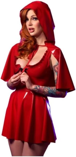 Deep U-Neck Lace-up Mini Dress with Hooded Cape Shiny PVC Halloween Party Tank Dress Sets Cosplay Riding Hood Costume Deep U-Neck Lace-up Mini Dress with Hooded Cape Shiny PVC Halloween Party Tank Dress Sets Cosplay Riding Hood Costume