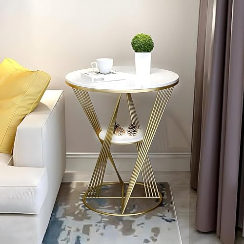 Image of Nutech Decor Luxury Round Metal Coffee Table, Side Table, Bedside End Table, 2 Tier Table, Living Room Nightstand Sofa Table Bedside Table Cross Gold Top Marble (Black)