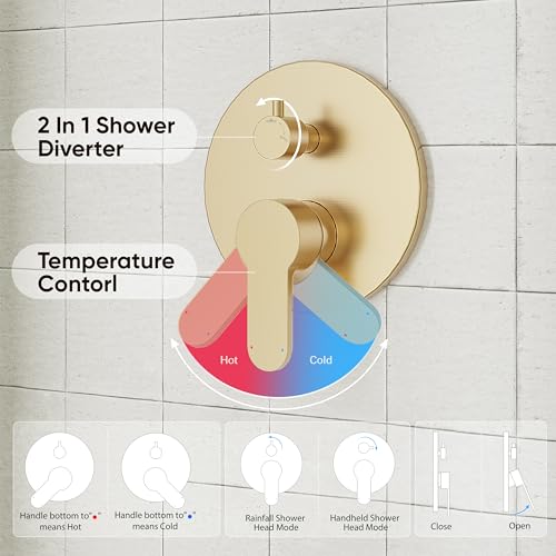Image of Gabrylly Gold Shower Head System, Shower Faucet Set with Pressure Balance Shower Valve, 12 Inch Shower Heads with 5-Setting handheld Spray Combo Pressure Shower Fixtures Kit, Brushed Gold