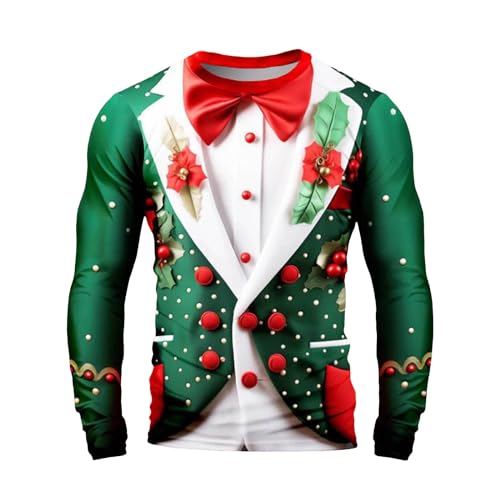DUHENWU Jersey de Navidad para hombre, camiseta de Navidad divertida y fea camiseta de Navidad con manga larga, impresión 3D, corte ajustado, sudadera con cuello redondo, sin capucha, suéter de