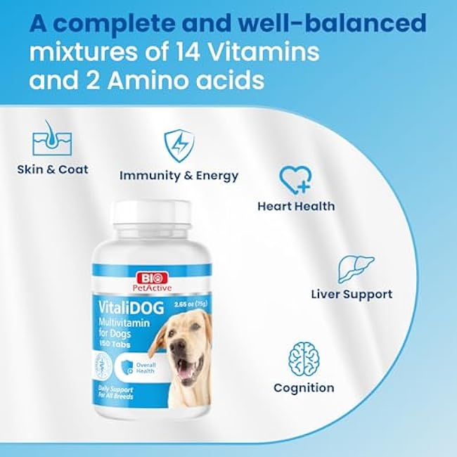 VitaliDOG Multivitamin for Dogs, Skin and Coat Supplement, Dog Prenatal Health Supplies, Vitamin A + E + B9 + B5 + H + Biotin + Amino Acids + Folic Acid for Dogs, 150 Chewable Tablets-g6HgXg0e