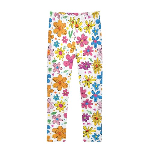 Cartoon Colorful Flower Girls Leggings Ultra Soft Compression Yoga Gym Pants for Kids 4-10T