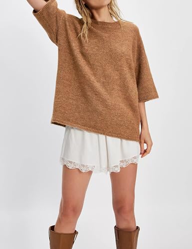 Yeokou Women Sweater Tee Casual Crewneck Short Sleeve Pullover Top Ribbed Knit Loose Shirt