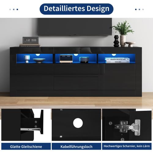 Merax 160 cm TV-Schrank mit LED-Beleuchtung, Hochglanz TV Board für 70 Zoll Fernseher, Push-to-Open Schubladen, 3 offene Fächer & Musiksteuerung, Smart App Steuerung für Wohnzimmer