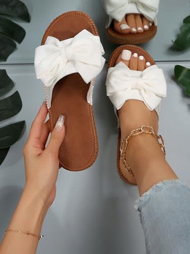 Gorglitter Women'S Bow Knot Flat Sandals Open Toe Slip On Slide Slipper Single Band Flats White 9.5 thumb #5