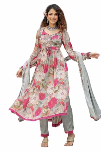 Image of KD Women's Anarkali Floral Printed Kurta Pant Set with Dupatta Anarkali Kurta for Women | Kurta Set | anarkali dress V-NACK kurtis set for women