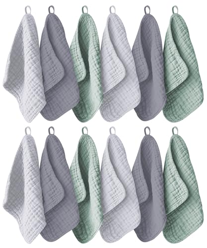 Image of Ease Cubs 12 Pack Muslin Washcloths for Baby - 100% Cotton Baby Wash Cloths for or Baby Face Body Comfy and Soft for Newborn Infants Kids Girls and Boys - 12"x12" - Grey, Green and Slate