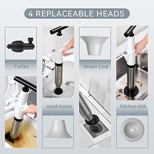 NewFree Toilet Plunger, High Pressure Plunger Kit with Real-Time Barometer, Stainless Steel Air Drain Blaster Gun with 4 Replaceable Heads and 3 Hair Cleaner, for Sink/Floor Drain/Pipe Clog