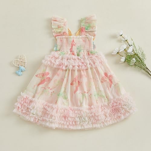 Toddler Baby Girls Dress Butterfly Print Fly Sleeve Frills Casual Dress Kids Fashion Summer Dress2