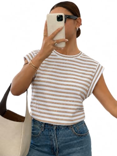 Image of Jawdrobe Women's Striped Western Top Round Neck Cap Sleeve T-Shirt for Women