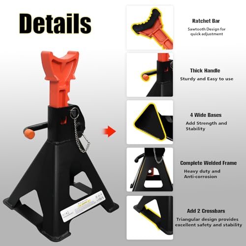 Upgraded Jack Stands 6 Ton (13,200 LBs) with 2 Crossbars and Double Pin Locking,Safe and Stable,Jack Stands 15.35\"-22.05\" Adjustable with Rubber Pads for Trucks,Home,Garage, SUV,Car,UTV/ATV,1 Pair - Thumbnail 3