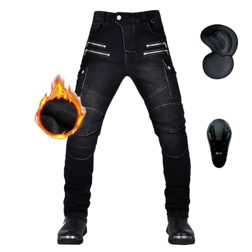 oFzimTo Motorradhose Herren mit Protektoren, Thermohose Herren Winter, Motorrad Thermojeans Herren, Biker Jeans Herren, Stretch-Zweiten Generation Protektoren