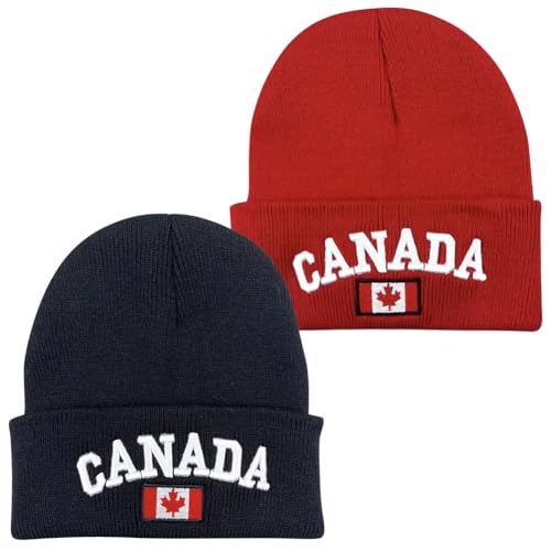 ZUYYON 2 Pcs Canada Maple Leaf Beanie Hats Embroidered Canada Flag Beanie Hat Canadian Themed Winter Warm Patriotic Knit Cap(Black, Red)