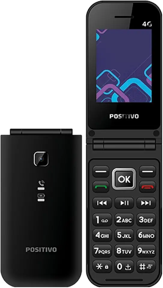 Celular POSITIVO P51, Flip, Função Modem, 4G, Câmera Traseira, Tela 2,4” LCD, Rádio FM, Botão SOS, Dual SIM Preto